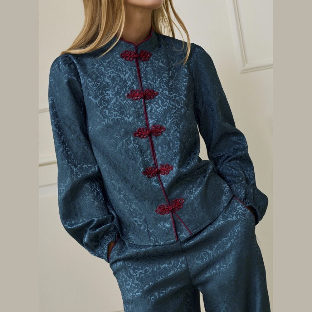 Dark Teal Jacquard Red Frog Button Stand Collar Long Sleeve Blouse